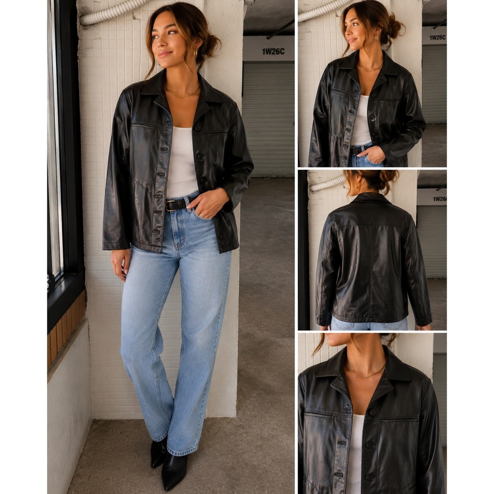 Gap Vintage Black Leather Jacket Womens XL Button Front Collared Y2K 2000s